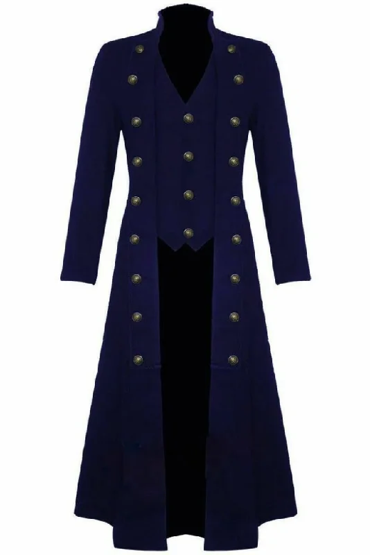 Men's Steampunk Clothing Military Trench Long Coat Cosplay Jacket Blue Gothic Dress VTG