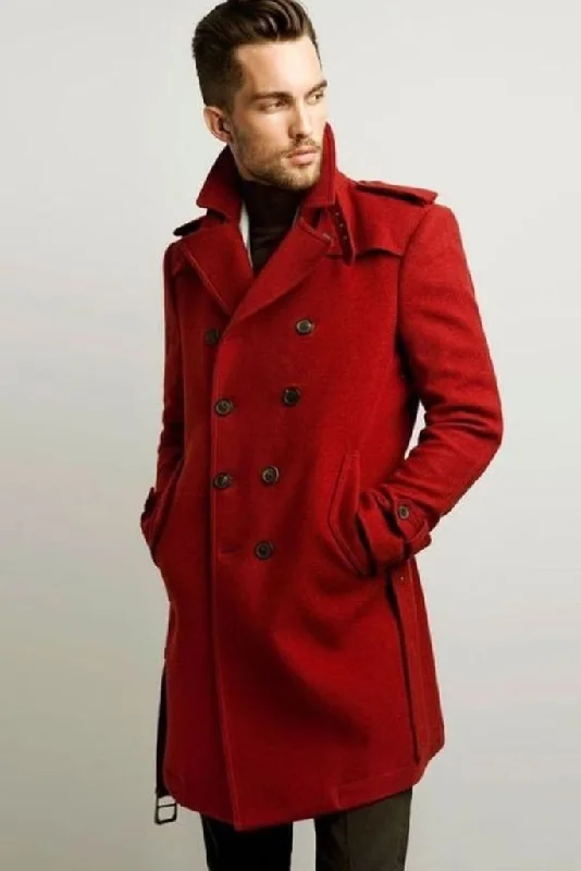 Men Winter Trench Coat Tweed Casual long Coat Red long Jacket Stylish For Him