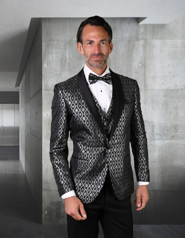 Mens Vested Shiny Diamond Print Tuxedo in Black