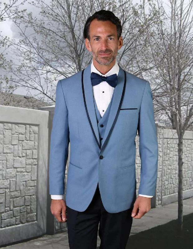 Mens Vested Wool Tuxedo in Shawl Lapel with Satin Trim in Steel Blue & Black