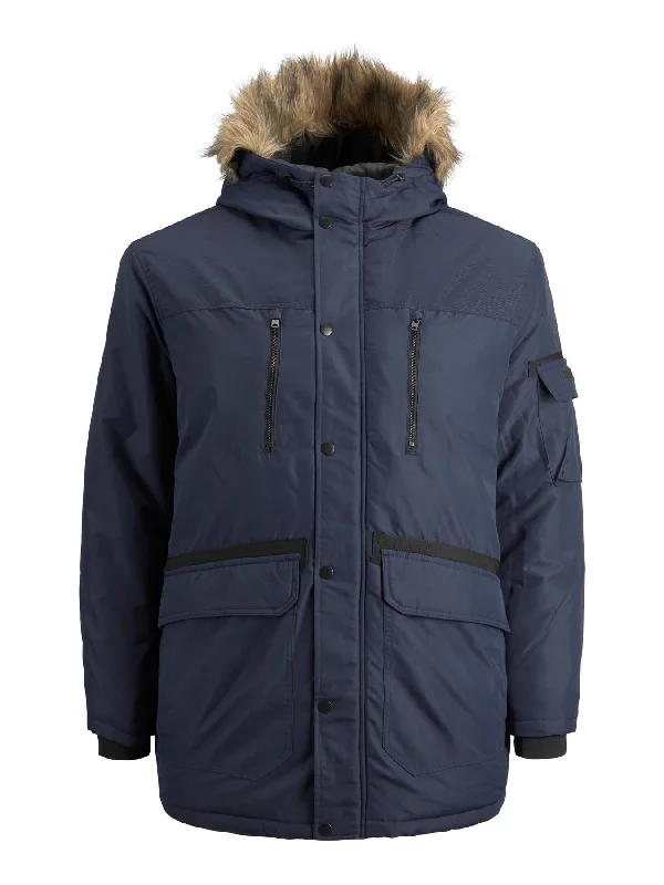 Jack & Jones Plus Size Men's Globe Parka With Detachable Fur Collar in 2XL-5XL, Navy Blazer