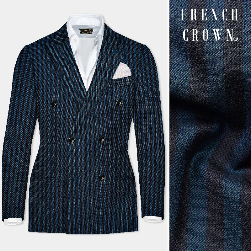 Tiber Blue And Jade Black Striped Wool Blend Double Breasted Blazer