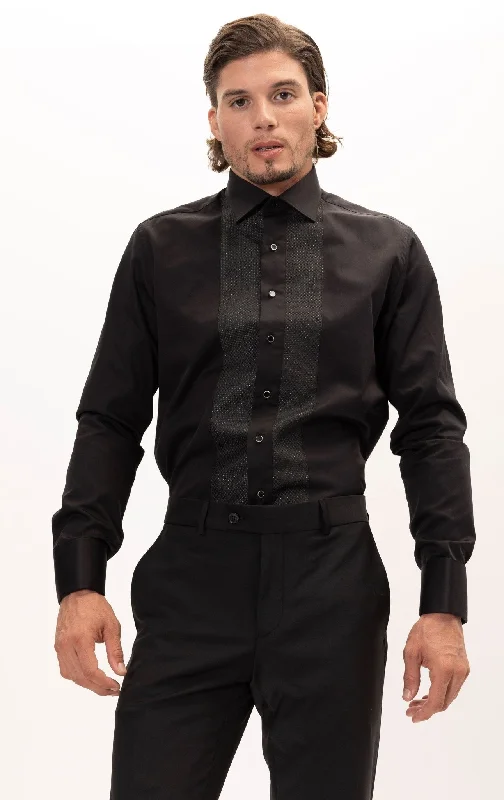 Lurex Paneled Spread Collar Tux Shirt - Black Black