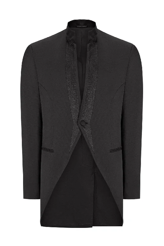 Mao Collar Fitted Trim Tuxedo - Black