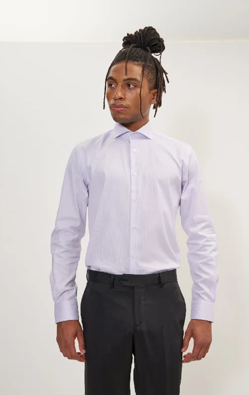 Pure Cotton French Placket Spread Collar Dress Shirt - Lilac Striped