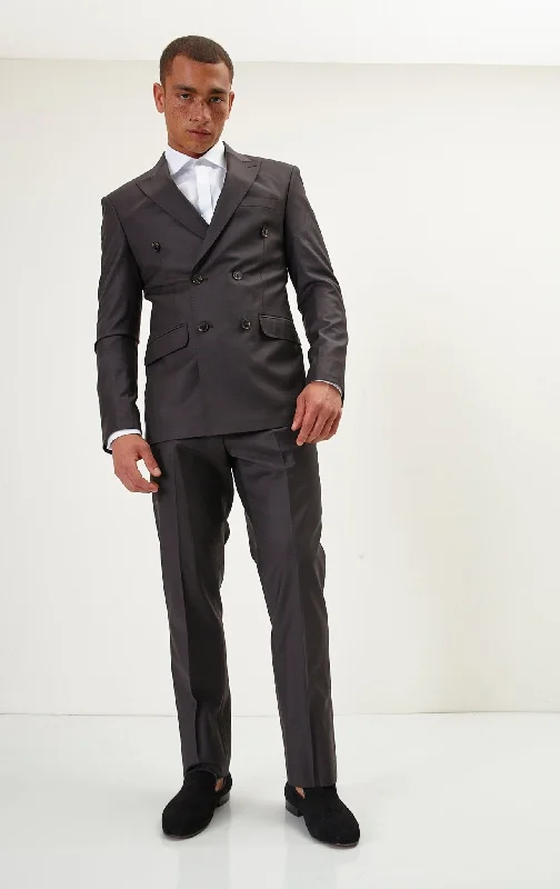 Super 180S Wool and Silk Double Breasted Suit - Chocolate Brown