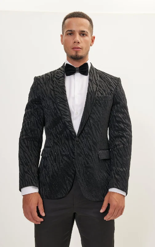 Zebra Velvet Flocking Glittered Tuxedo Jacket - Jet Black