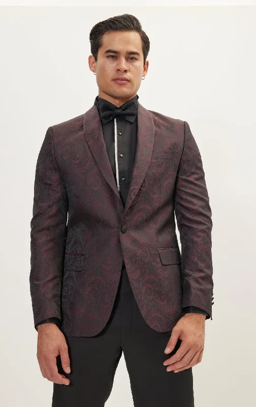 Paisley Shawl Lapel Tuxedo Jacket - Burgundy