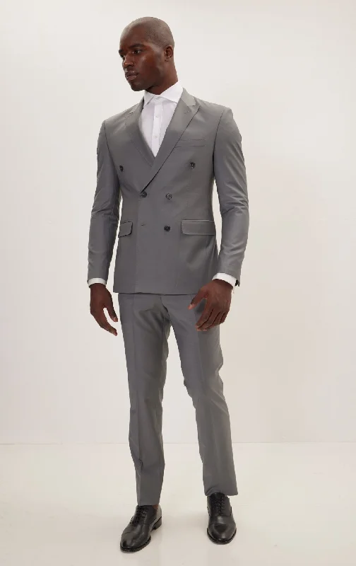 Super 120S Merino Wool Double Breasted Suit - Dark Grey