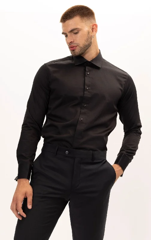 Pure Cotton Classic Collar Stud Button French Cuff Tuxedo Shirt - Jet Black