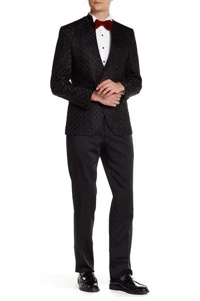 Stand Collar Symmetric Wrap Tuxedo Jacket - Black