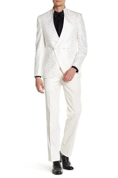 Stand Collar Symmetric Wrap Tuxedo Jacket - White