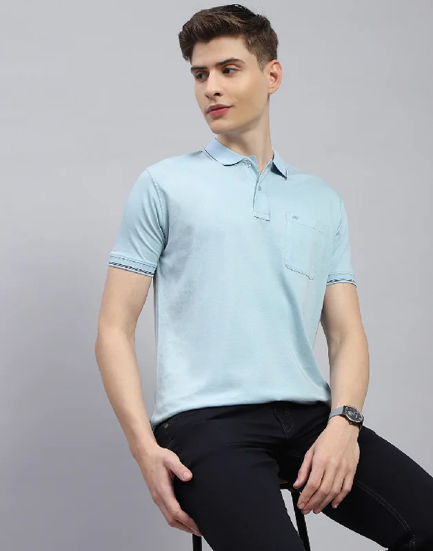 Men Blue Solid Polo Collar Half Sleeve T-Shirt